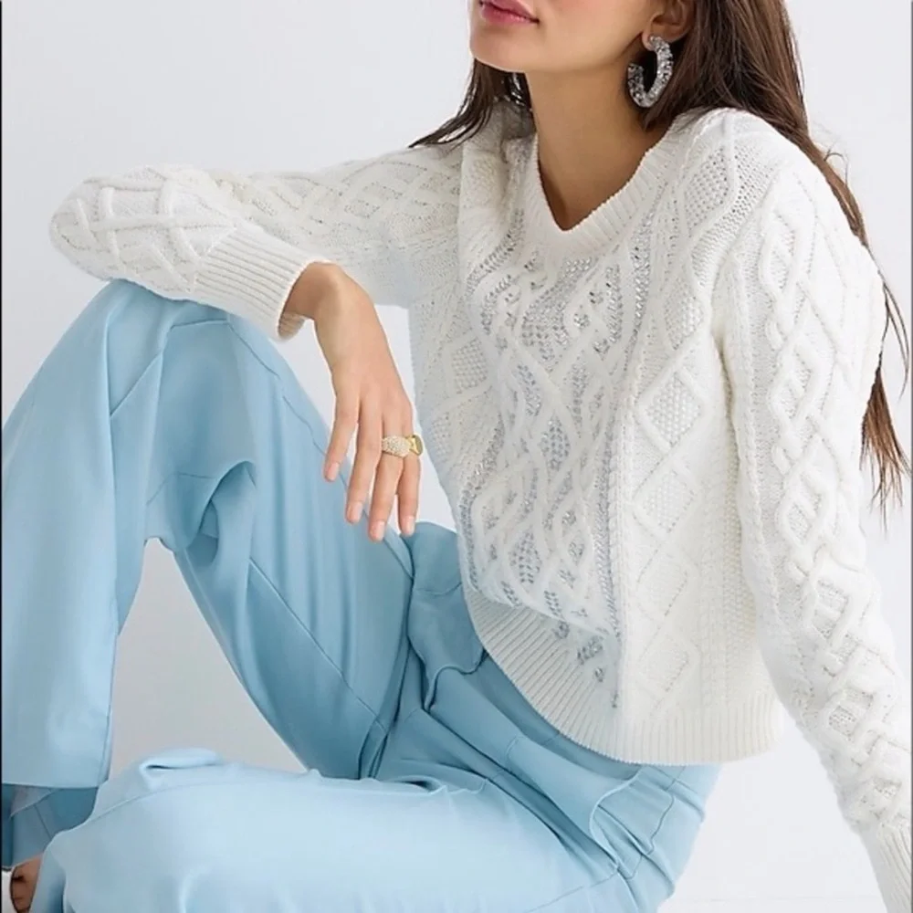 J. Crew White Cable Knit Crystal Embellishments Sweater Top, Large
